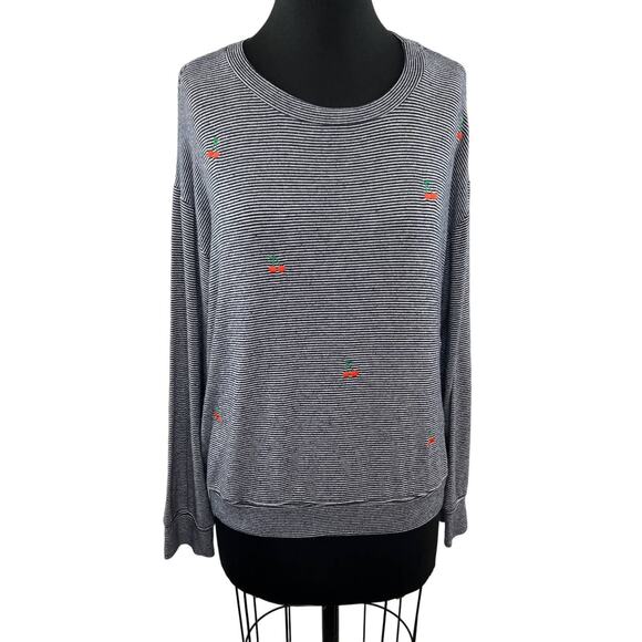 SUNDRY Blue White Stripe Embroidered Cherries Crew Neck Long Sleeve Knit Top 3 L - Picture 1 of 8
